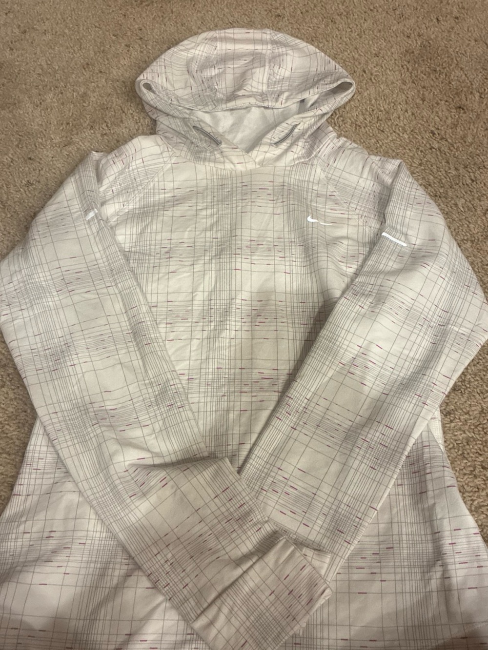 Nike White Hooded Jacket with Subtle Pink and Gray Grid